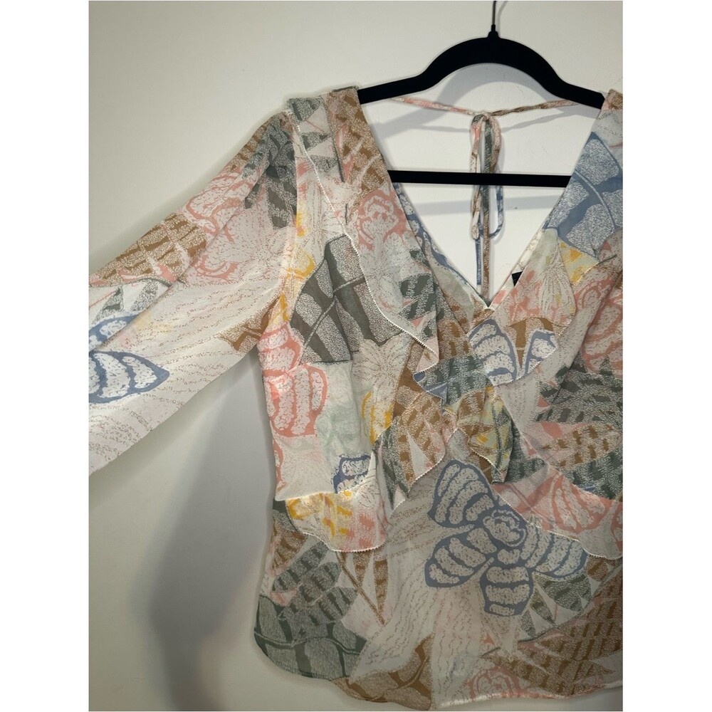 White House BlackMarket Floral Long SLV‎ Raffle Front Blouse SZ S V Neck Multi - Picture 8 of 14